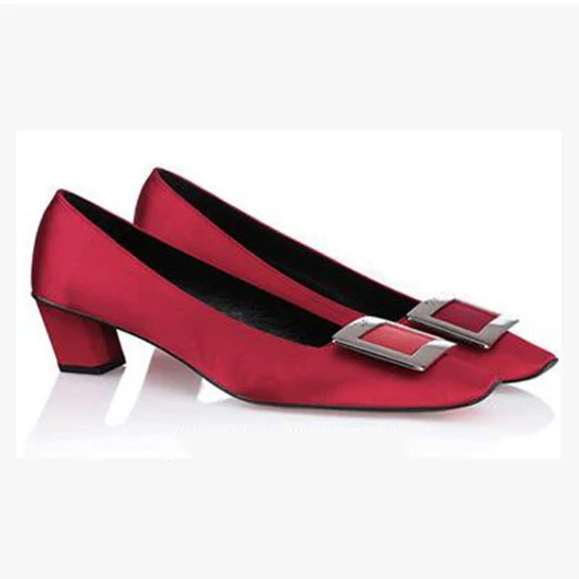 red satin 5cm Квадратный носок Красное вино Размер 33 уникальный марка средний насосы Каблук роскошь Дизайнерская женская обувь лакированная кожа высокие каблуки 4 34 Весна осень - Цвет: red satin 5cm