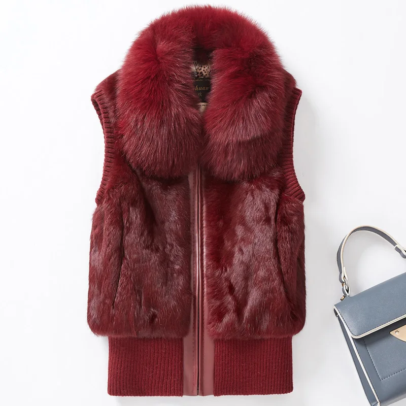 

Whole skin real rabbit fur vest women patchwork zipper natural rabbit fur waistcoat with real fox fur collar