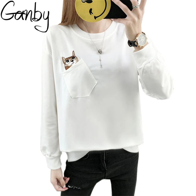 2017 Осенняя Новинка Харадзюку консервативный свободный карман Кот Вышивка