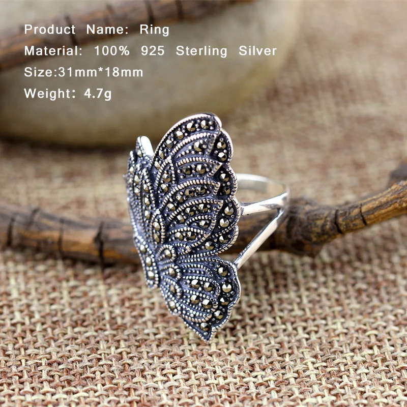 Женское кольцо с крыльями бабочками ручной работы 100% стерлингового серебра 925