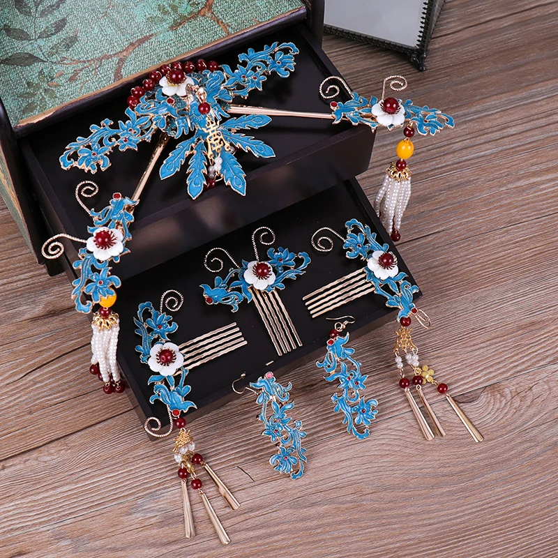 

New Handmade Long Tassel Vintage Brides Hair Accessories Chinese Classical Wedding Headdress Jewelry Hair Combs Sticks Hairwear