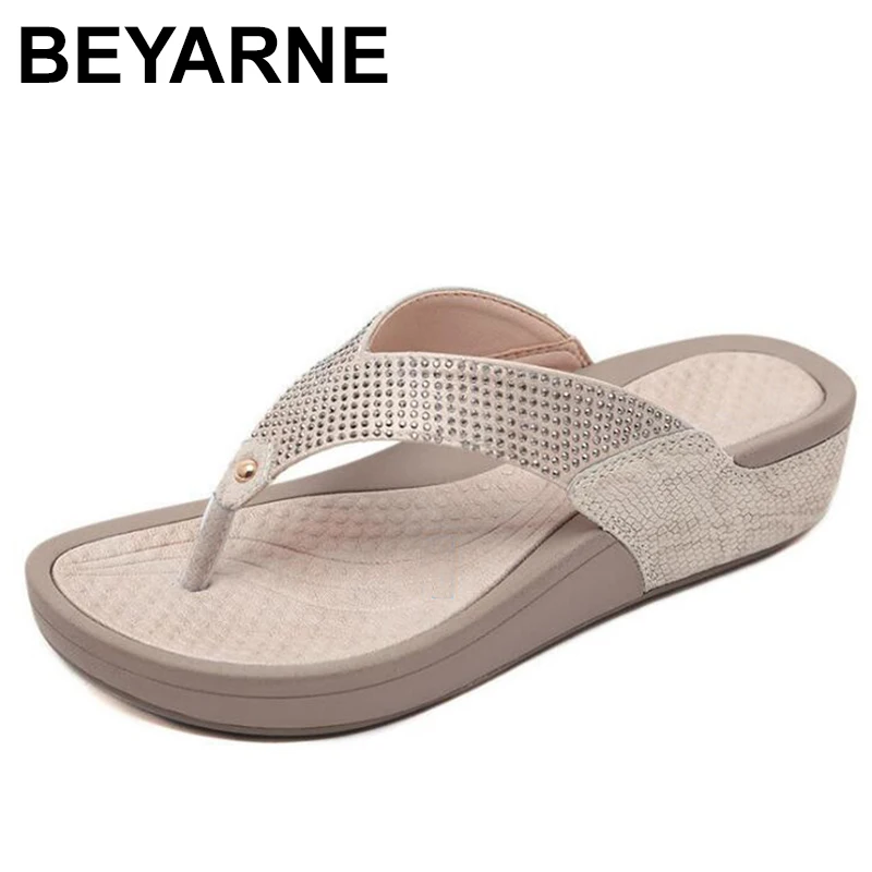 

BEYARNE2019New Women Floral Beaded Sequin Embellishment Mesh Slippers Flip Flop Sandal Wedge platformshoes sandalia femininaE054