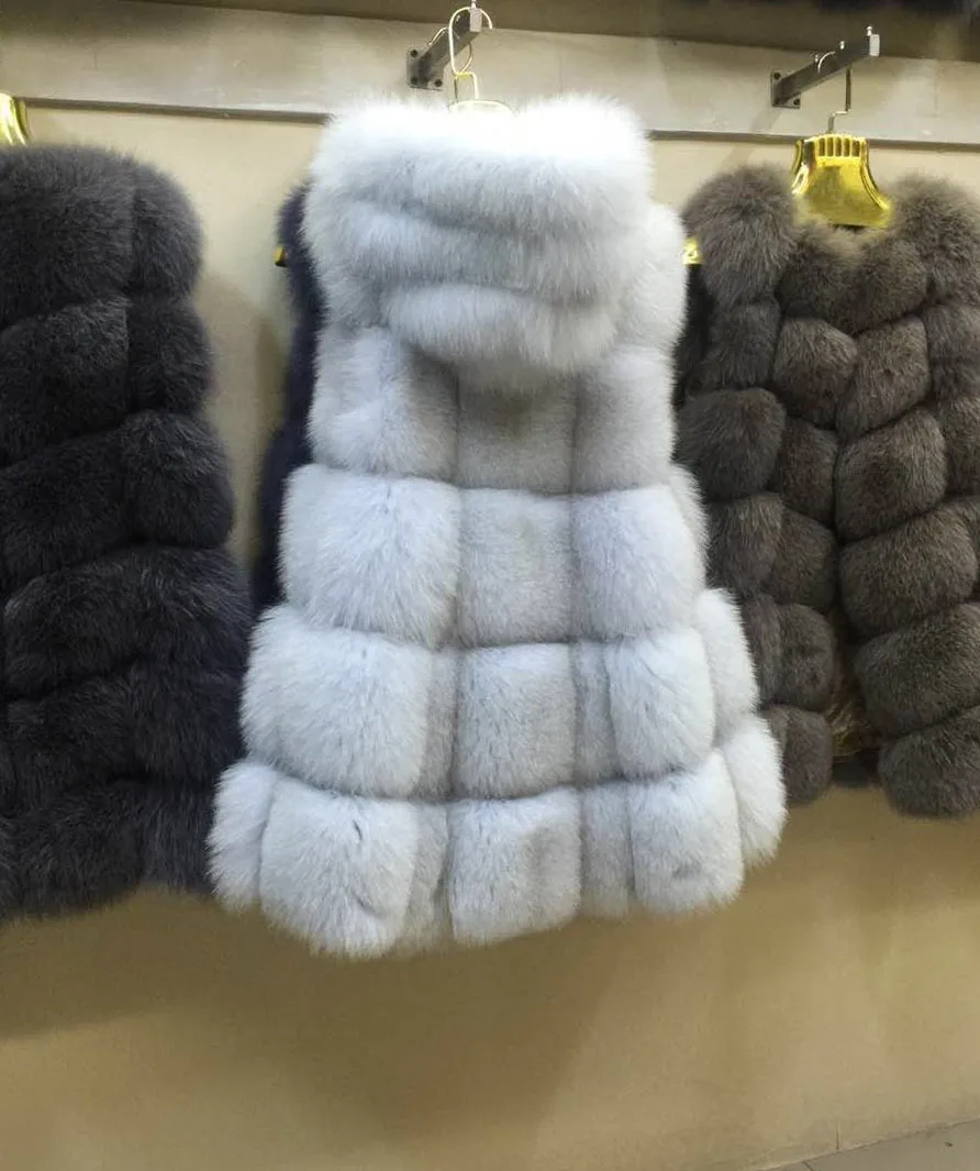 Liyafur натуральная толстый натуральный синий Лисий Мех зимний длинный жилет с капюшоном для Для женщин- в форме Мех-жилет пальто