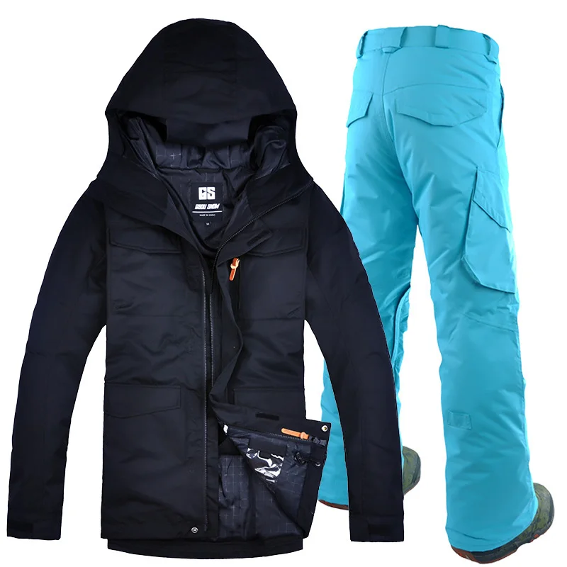 light blue pants Gsou снег лыжный костюм набор для мужчин лыжный спорт на открытом воздухе Сноуборд Лыжный набор Водонепроницаемый и ветрозащитный термальная куртка - Цвет: light blue pants