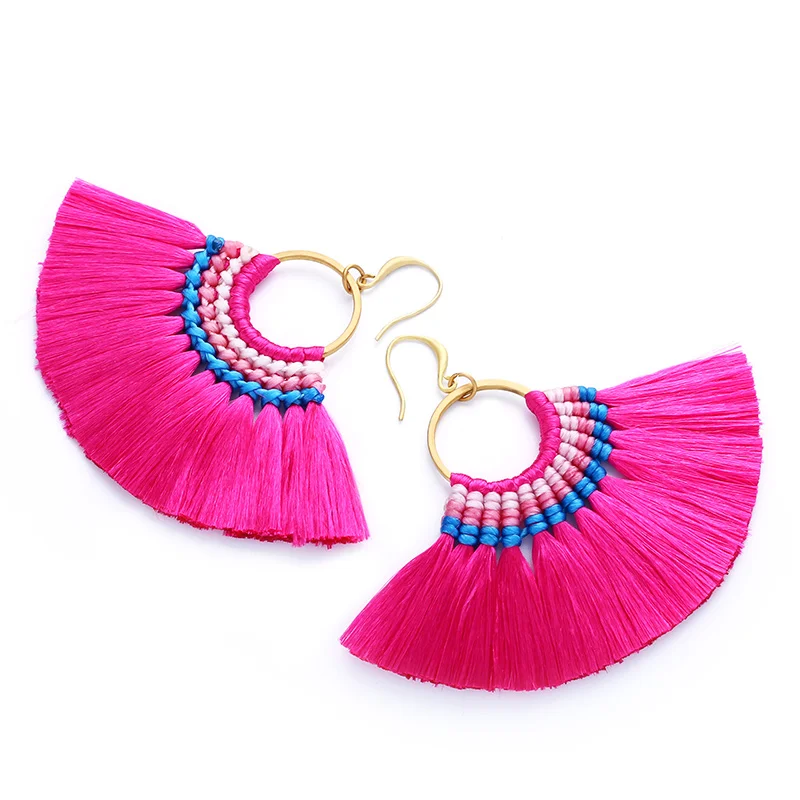 Флола 13 цветов сережки с кисточками Boho большой вентилятор синий бахрома серьги женские oorbellen модные ювелирные изделия пендиентс fecos ersk37 - Окраска металла: Fushia