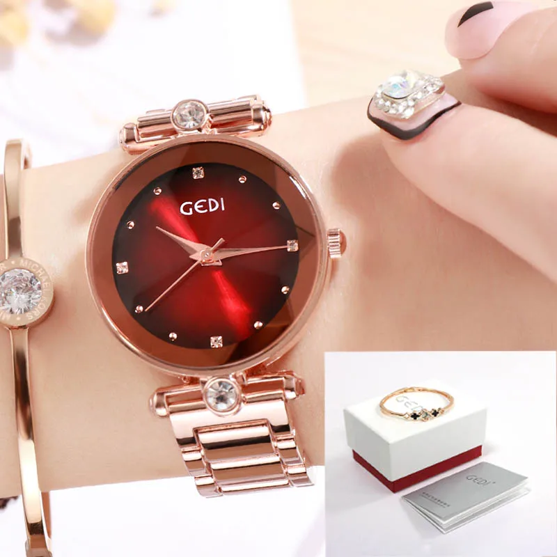 Rosegold red box GEDI Rosegold Quartz Women's Watches Top Brand Luxury Ladies Clock Fashion Women Watch Simple Female Wristwatch reloj mujer New - Цвет: Rosegold red box