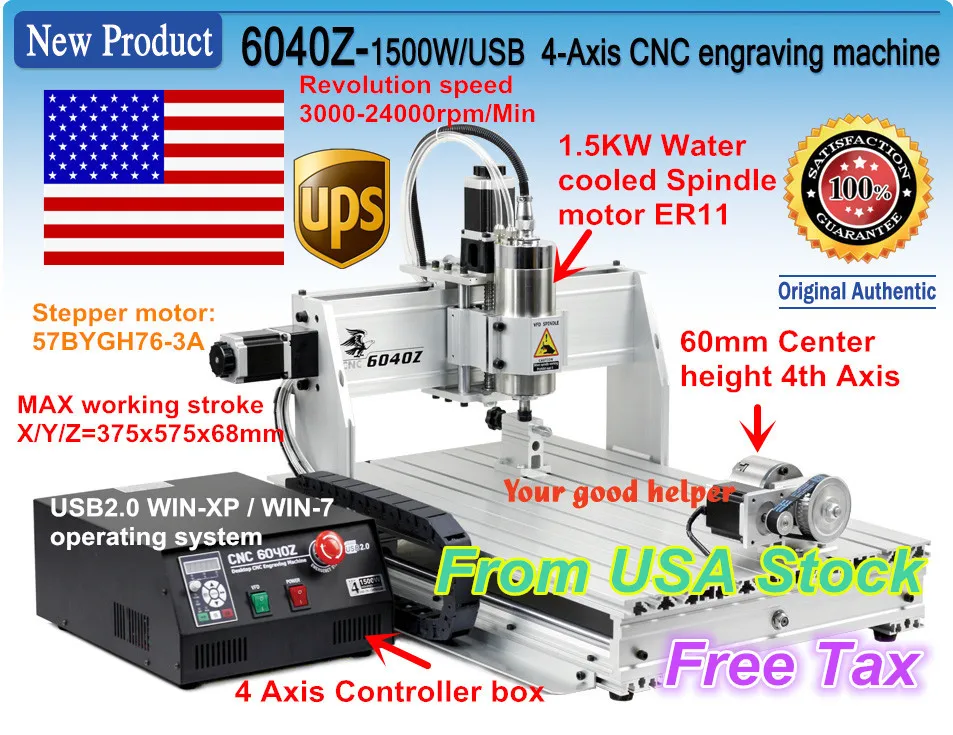 Для покупателей из США Доставка новый тип 4 оси 6040Z 1500W 1.5KW USB Mach3 фрезерный станок с