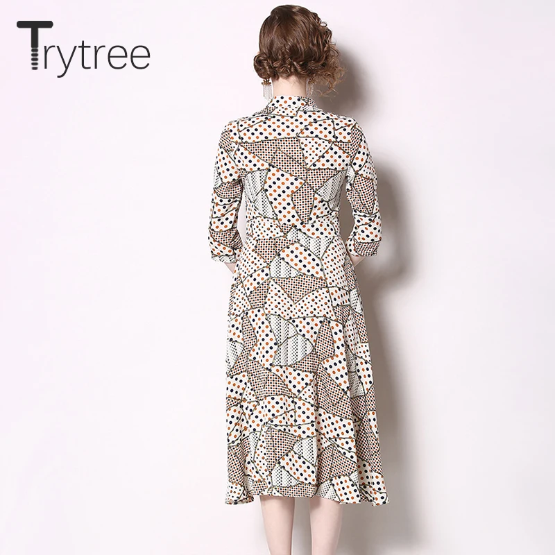 Trytree, летнее, осеннее платье, винтажное, в горошек, с геометрическими пуговицами, платье-рубашка, полиэстер, до середины икры, ТРАПЕЦИЕВИДНОЕ, офисное, женское платье