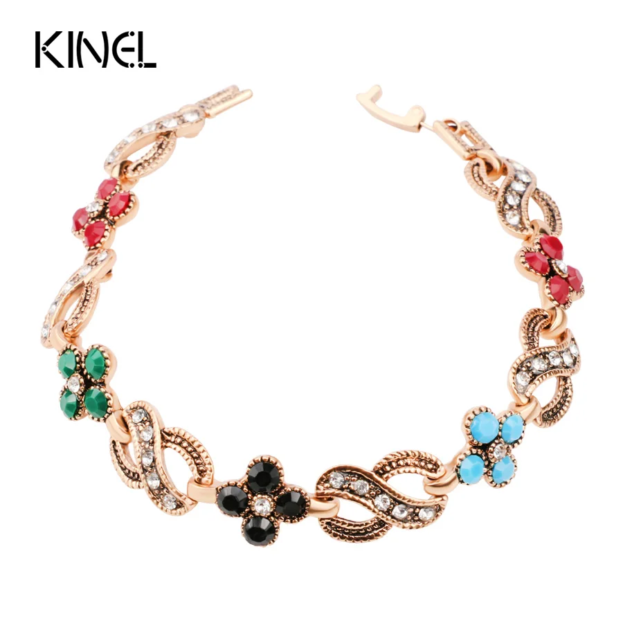 Unique Vintage Jewelry Color Gold Clover Colorful Resin Bohemia Bracelet For Women Mosaic White Crystal Gift | Украшения и