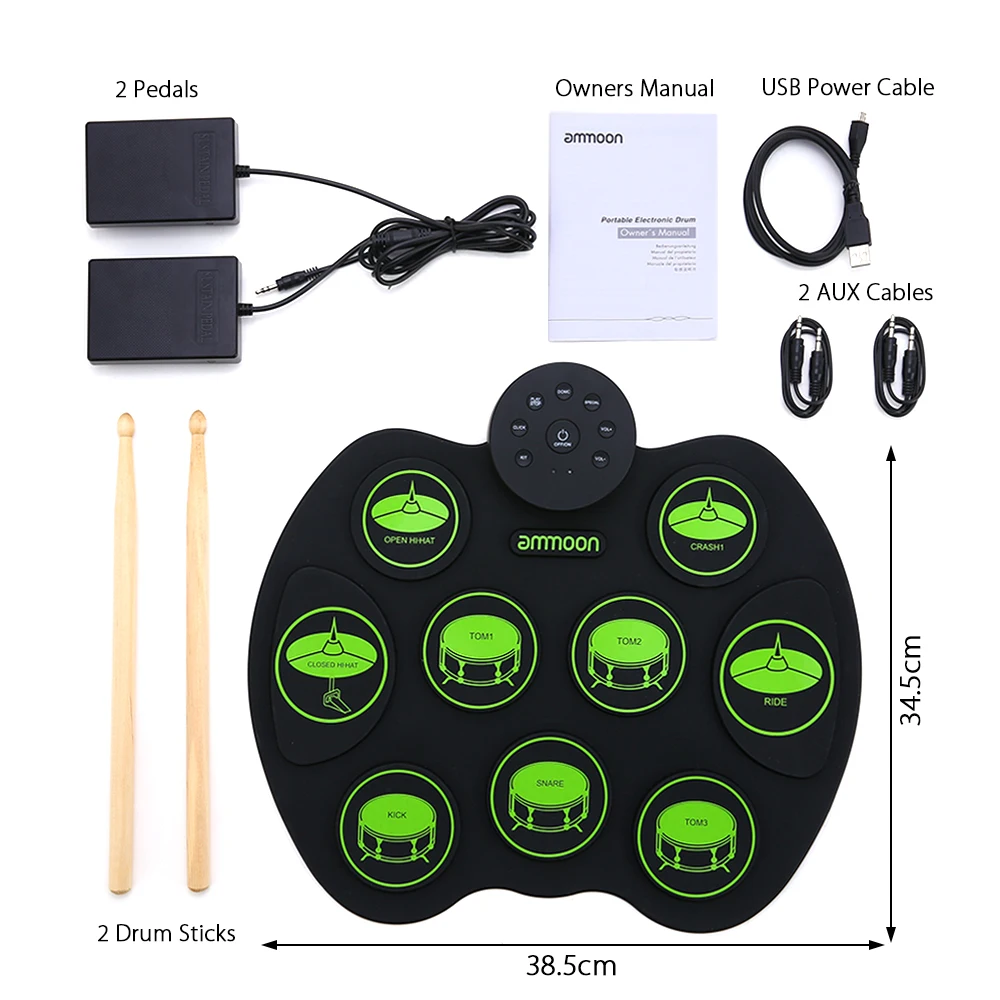 Portable Electronic Drum Set Digital Roll-Up Touch Sensitive Practice Drum Kit 2 Foot Pedals for Kids Beginners No Speakers