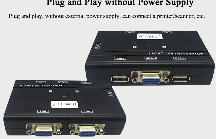 IT-well 2 порта KVM переключатель управления 2 ПК Хост 1 Набор USB клавиатура мышь и VGA монитор мульти ПК управление оригинальным кабелем