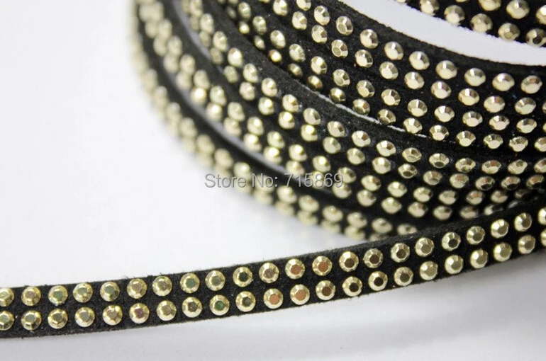 Free Ship 100 Meterse Gold Stones  5mm*1.5mm Black Flat  Faux Suede Leather Cord With Two Lines Gold Studs