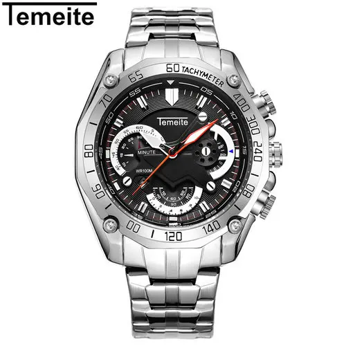 SILVER SILVER BLACK Модные спортивные TEMEITE часы мужские из нержавеющей стали ремешок Топ бренд класса люкс кварцевые наручные часы календарь водонепроницаемые часы - Цвет: SILVER SILVER BLACK