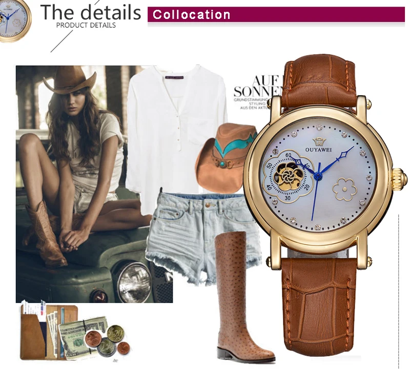 OUYAWEI Fashion Imitation Shellfish Flowers Dial Design Self Wind Mechanical Watch Women Luxury Brand Ladies Automatic Watch