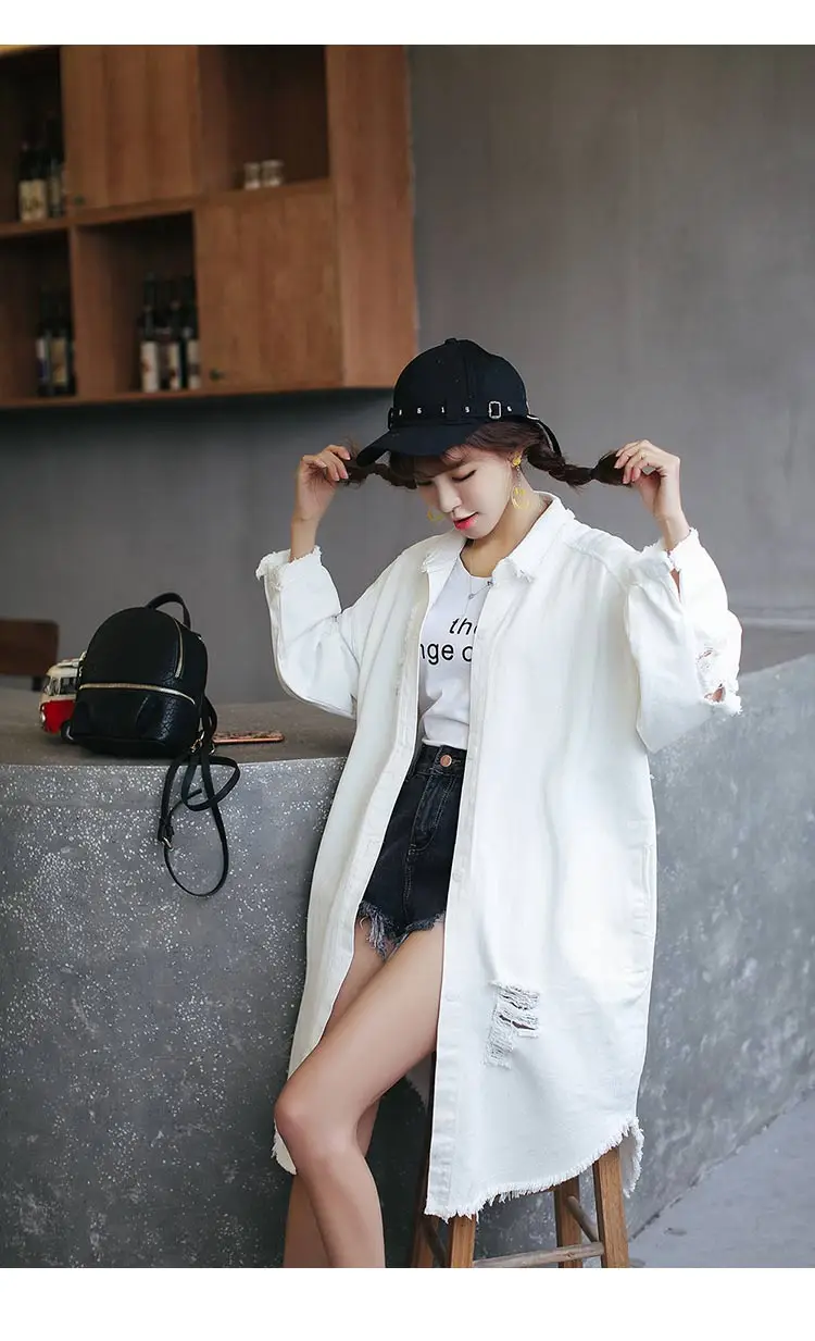 Корейское Новое 2017 осеннее белое длинное пальто женская джинсовая куртка с