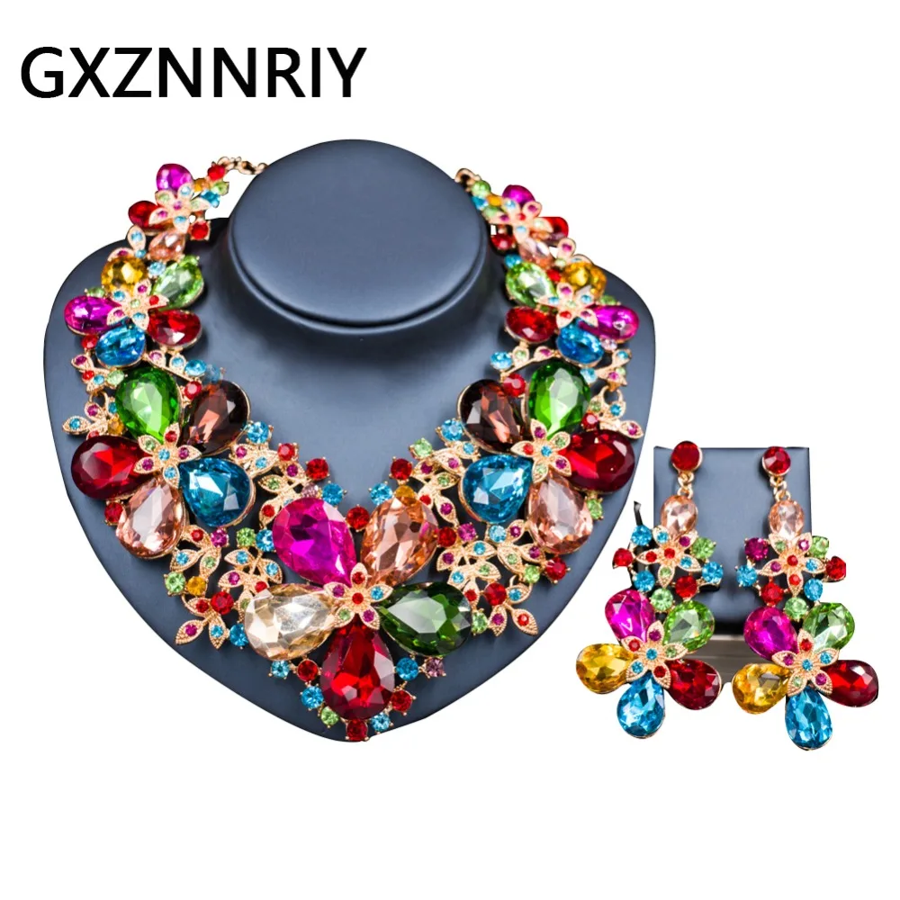 Crystal Flower Gold Jewelry Sets for Women Rhinestone Bridal Wedding Necklace and Earrings Set Party Jewellery Gifts | Украшения и