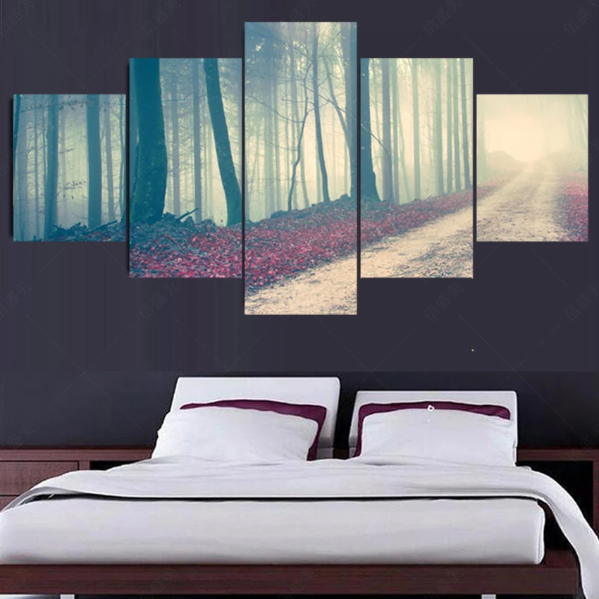 5 панелей современный (без рамки) Pintura горная дорожка Холст Картина маслом