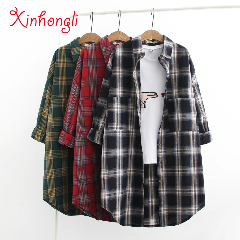 

plus size cotton plaid long women shirt coat 2019 spring NEW casual ladies blouse female pockets loose shirts jackets oversize