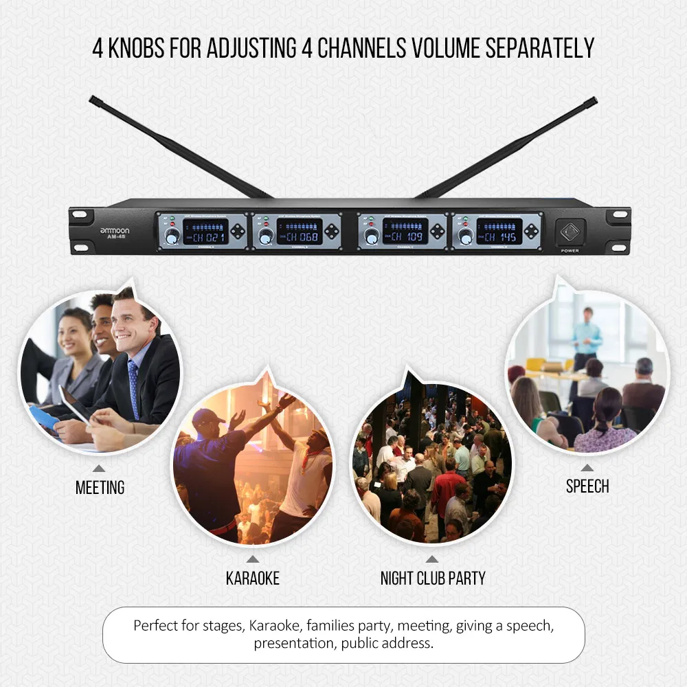 Professional 4 Channel UHF Wireless Microphone System Mic 1 Receiver LCD Display for Karaoke Family Party Performance | Электроника