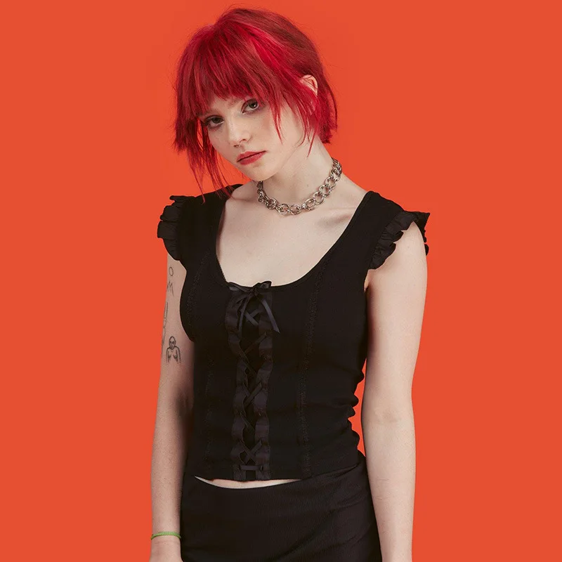 Женский топ на бретельках Ins летняя Тонкая блузка в стиле ретро со шнуровкой и