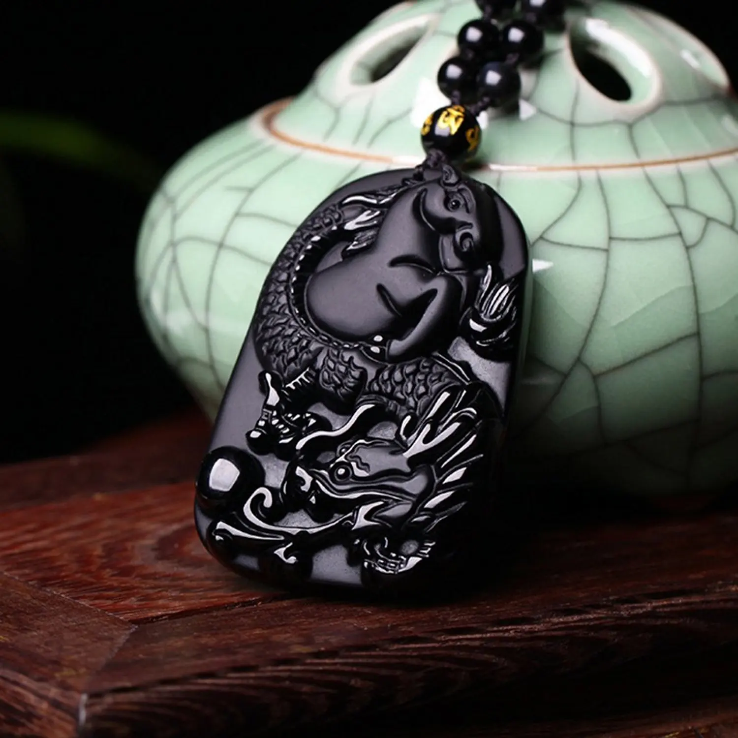Koraba Fine Jewelry ручной резной Obsidian Lucky богатых Дракон Лошадь Подвеска Цепочки и