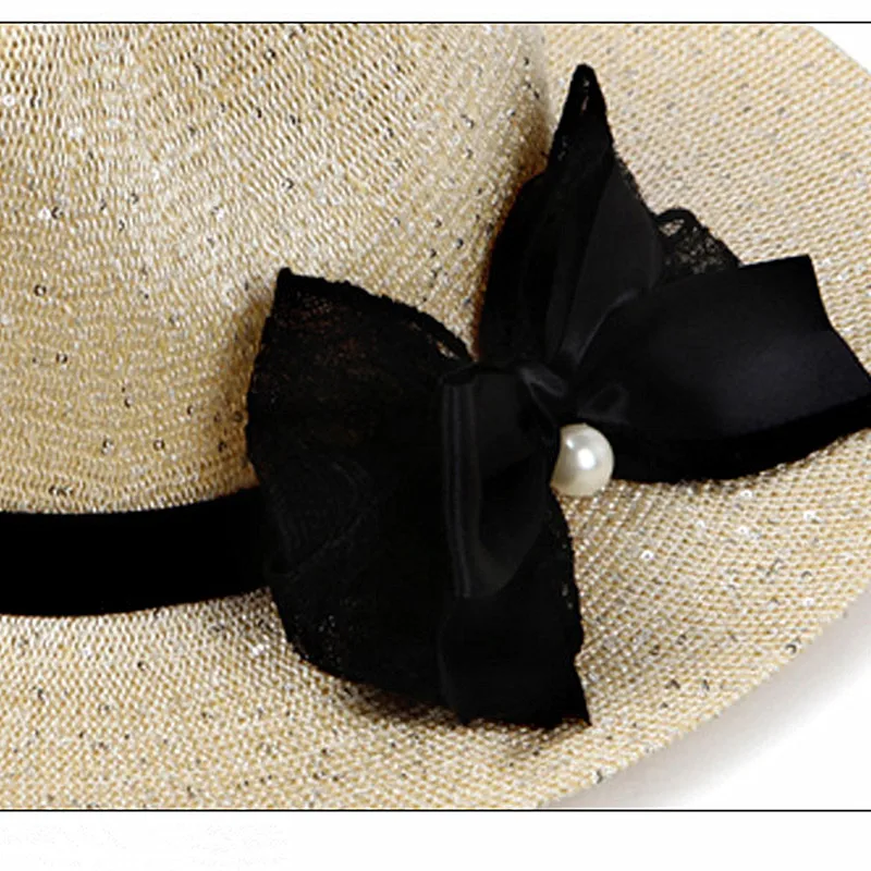 

BomHCS High-quality Spring Summer Women Jazz Hat Hollow Sequins Bow Fashion Beach Sun Hats Caps 17F-315MZ21