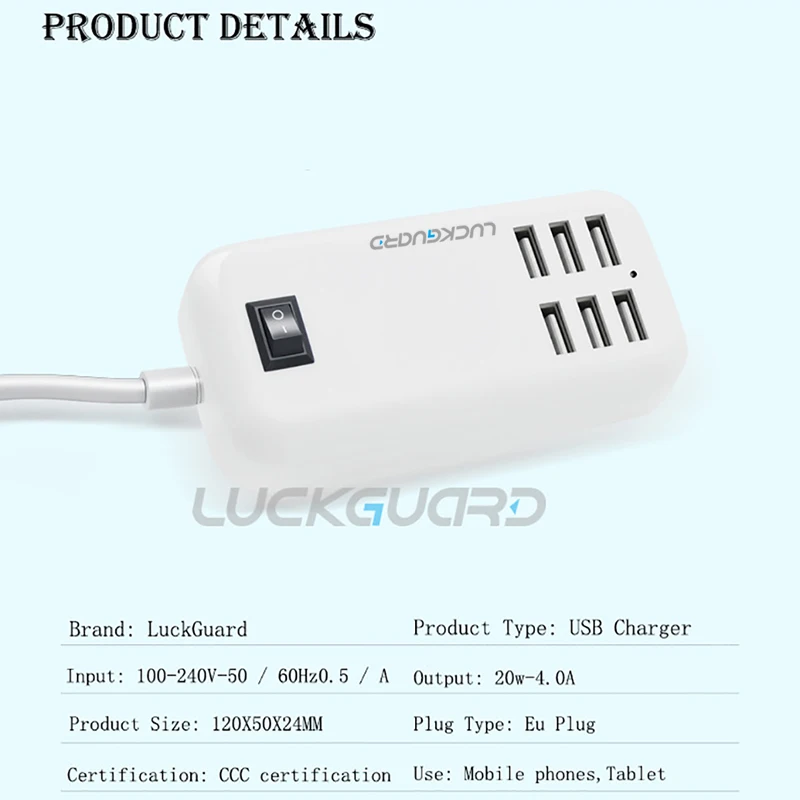 Luckguard ЕС Plug 6 Порты мобильного телефона 20 4A стены Dock USB адаптер Зарядное устройство