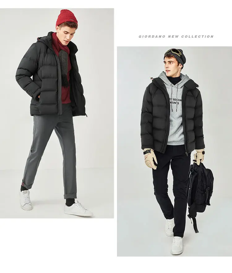 Giordano мужской пуховик из утиного пуха с капюшоном, данная модель имеет широкий размерный ряд