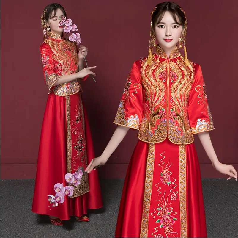 

China Bride Qipao 2018 new Stand collar cheongsam long retro elegant cheongsam red chinese traditional wedding dress