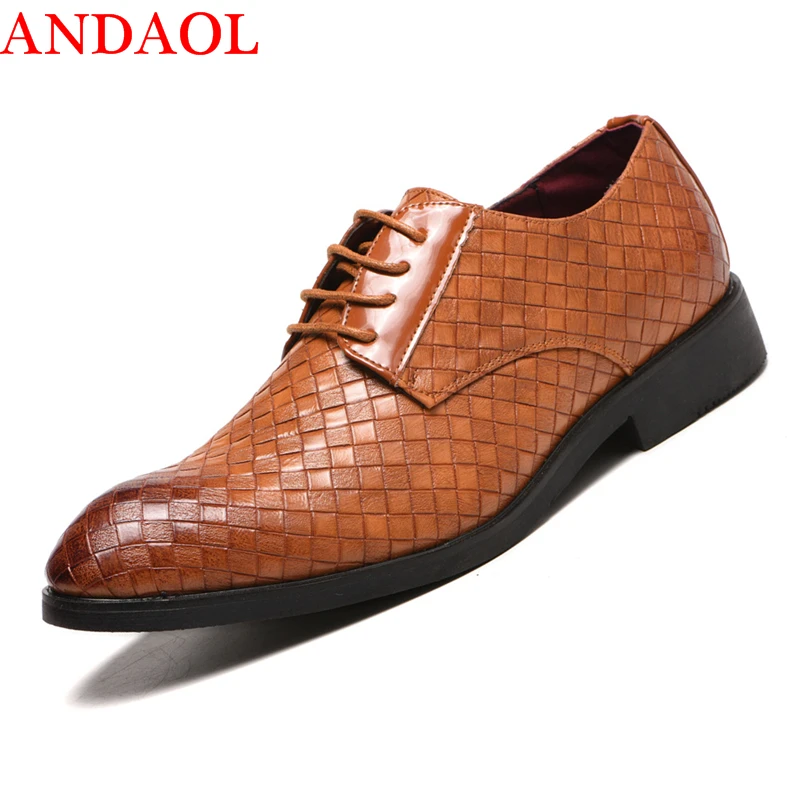 ANDAOL Men's Leather Casual Shoes Top Quality Leather Pointed Toe Plaid Busines Offices Shoes Luxury Lace-Up Wedding Dress Shoes
