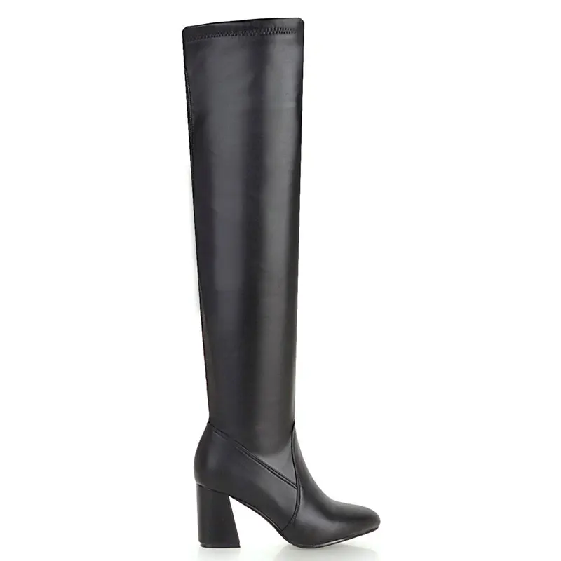Lasyarrow/zapatos mujer; однотонные черные, белые сапоги до бедра без шнуровки; Сапоги выше колена на не сужающемся книзу высоком массивном каблуке с острым носком