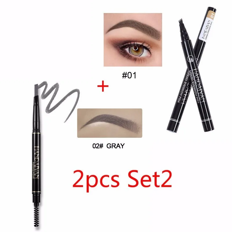 2pcs set1 HANDAIYAN карандаш для бровей Tatoo, ручка для бровей с двойной головкой, водостойкая, черная, коричневая, для бровей, ТИНТ, краска для бровей, набор для макияжа - Цвет: 2pcs set1