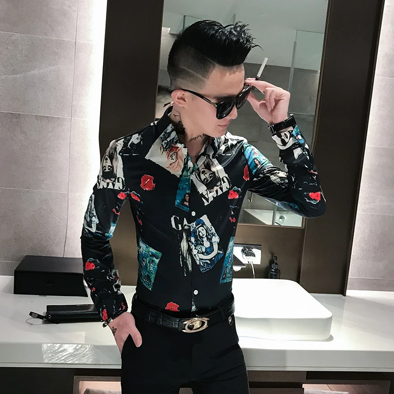 Men Shirt High Quality Brand 2019 Long Sleeve Streetwear Casual Slim Fit Pretty Girl Print Mens Shirts Party Tuxedo | Мужская одежда
