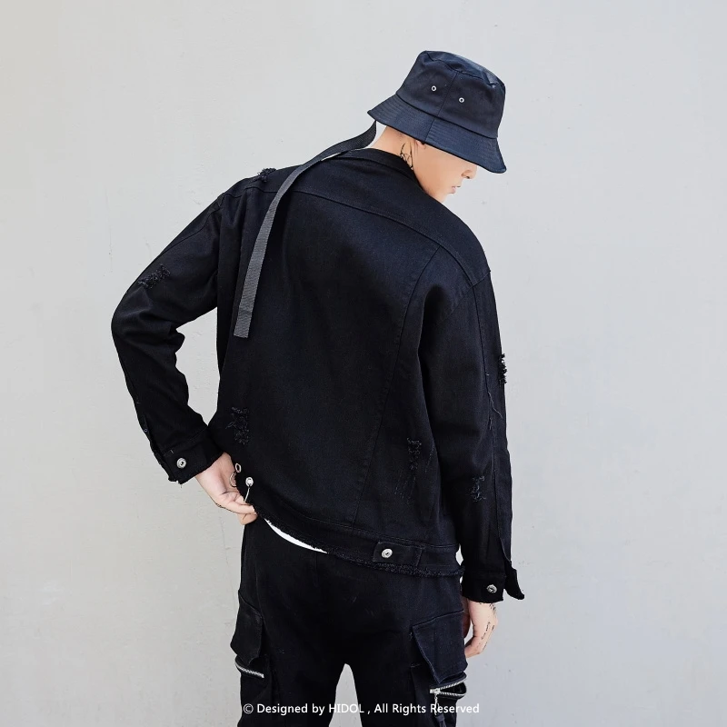 Мужская джинсовая куртка с дырками черная/оранжевая/красная хлопковая в стиле