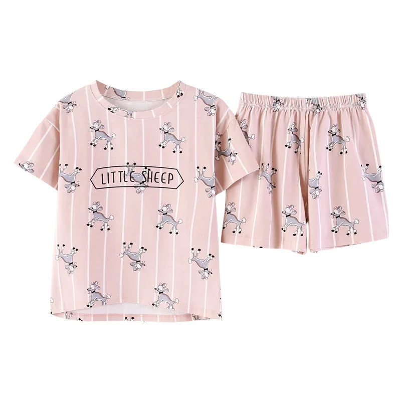 Розовые полосатые пижамы Для женщин девочек овечку Print Pajama Set свободные короткий