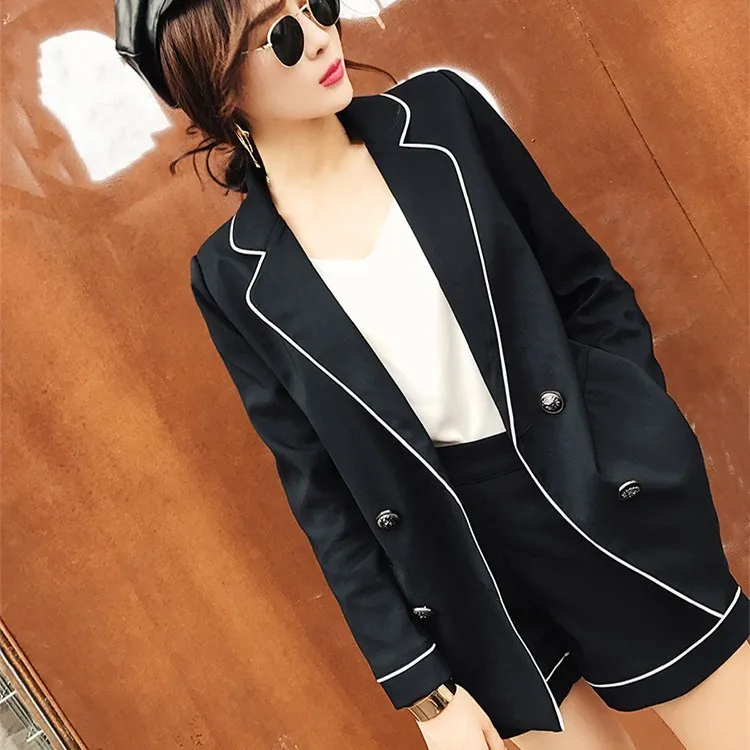 Women Zippers Short Pant Black Suits Button Spring Notched Collar Two Piece Sets Casual Hit Color Blazers Office Outfits | Женская