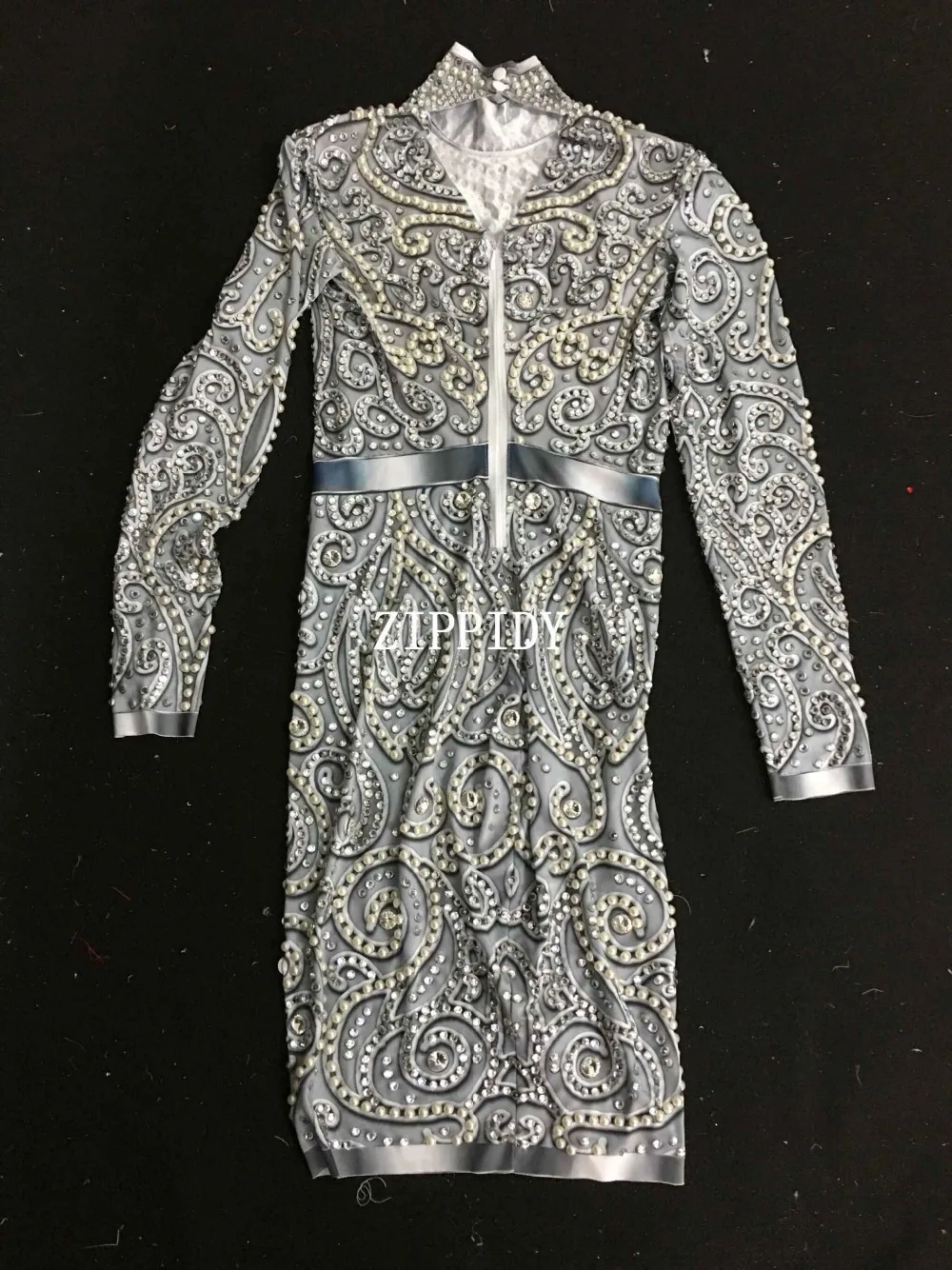 Блестящее платье стразы с серыми жемчужинами Стрейчевые сексуальные платья