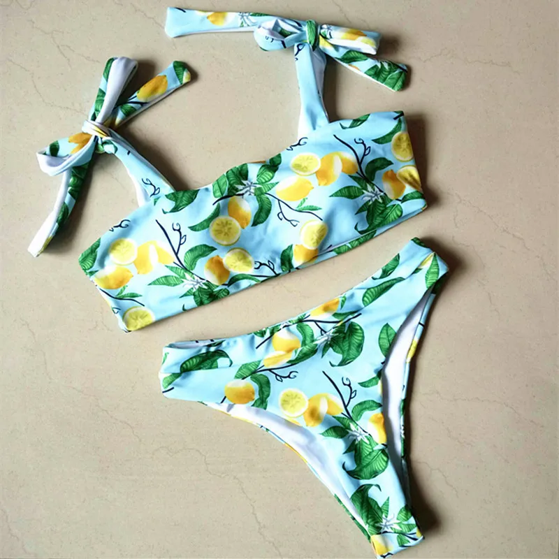 Комплект бикини с принтом лимона и высокой талией женский купальник