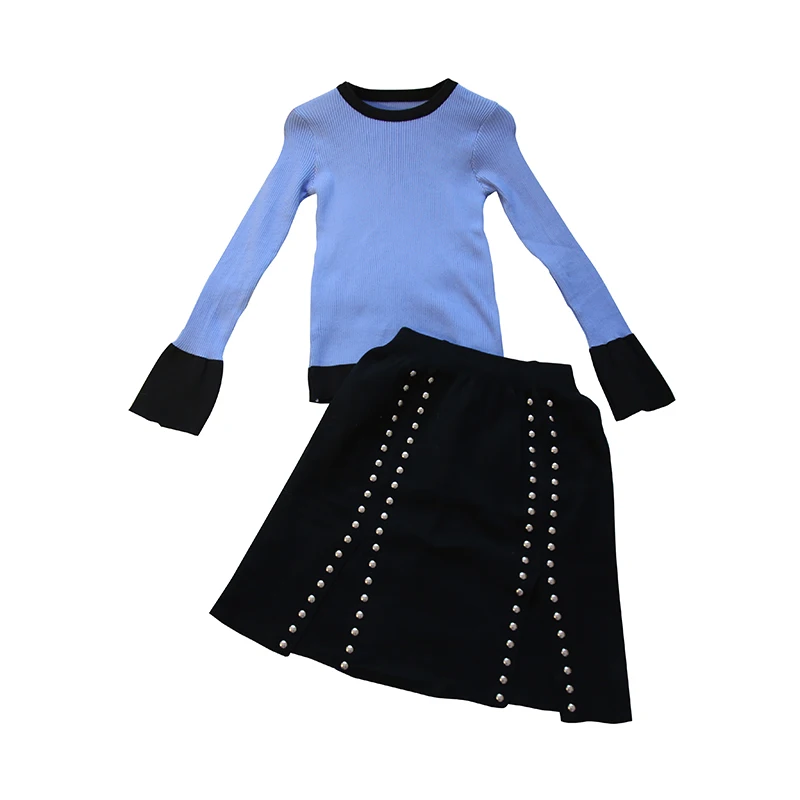 

Autumn Outfit Women Blue Sweater Knitted Suit New Winter Basic Sweaters Knitted Cutout Skirts Two-Piece Clothing Set Vestido