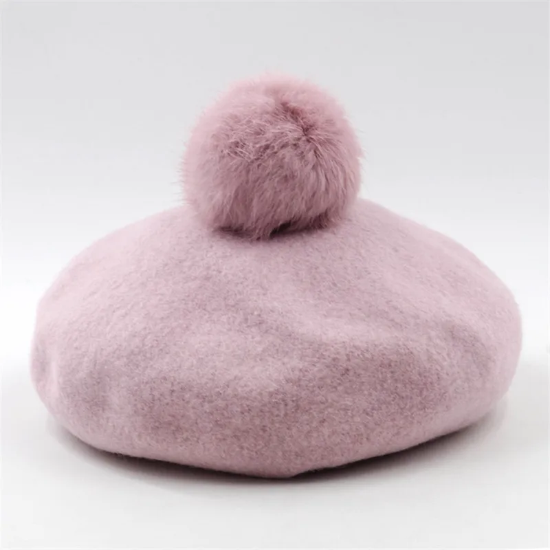 Pink Женская шерстяная французская шапка, береты, шапочки с помпоном, для девочек, девичьи шапочки, плоская шапка, помпон, берет - Цвет: Pink