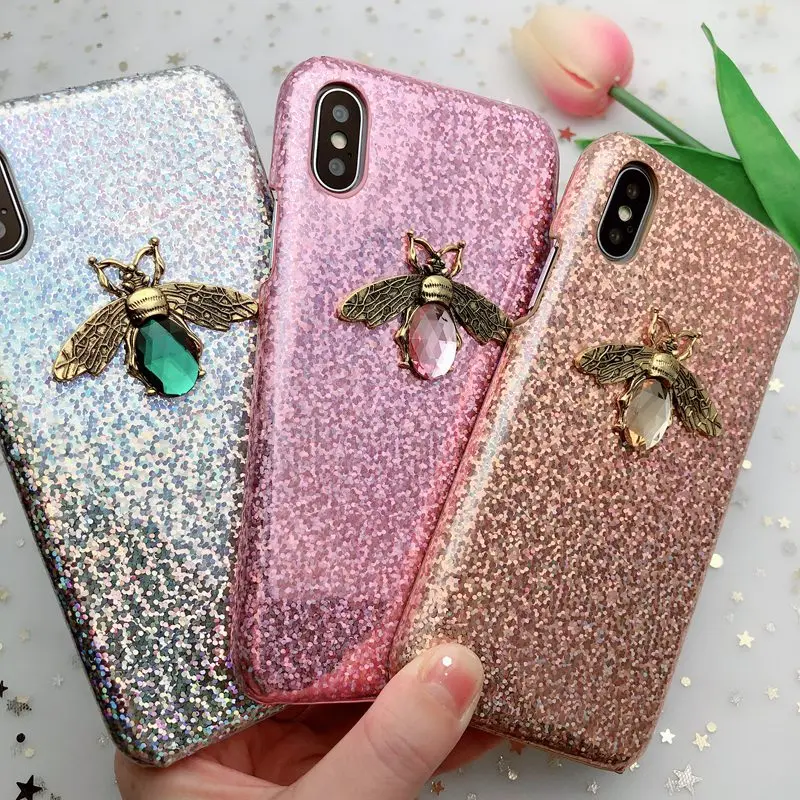 Модный Блестящий 3D металлический блестящий чехол с Пчелой для iPhone X XR XS MAX 8 7 6 Laser