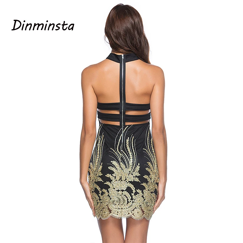 Dinminsta Women Summer Bandage Party Dress Luxury Gold Floral Sequin Mini Strapless Backless Halter Sexy Hollow Club | Женская одежда