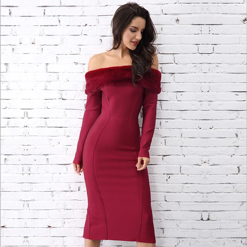 Праздничное платье женское рождественское новое с длинными рукавами и меховым
