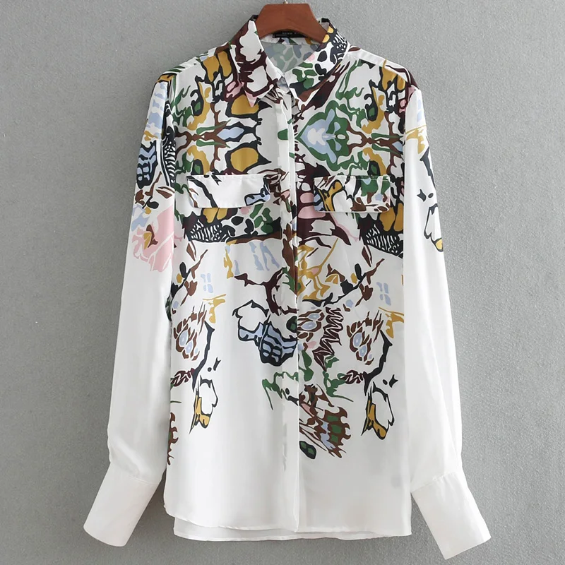 Для женщин с длинным рукавом Цветочный Принт Свободные Повседневная Блузка