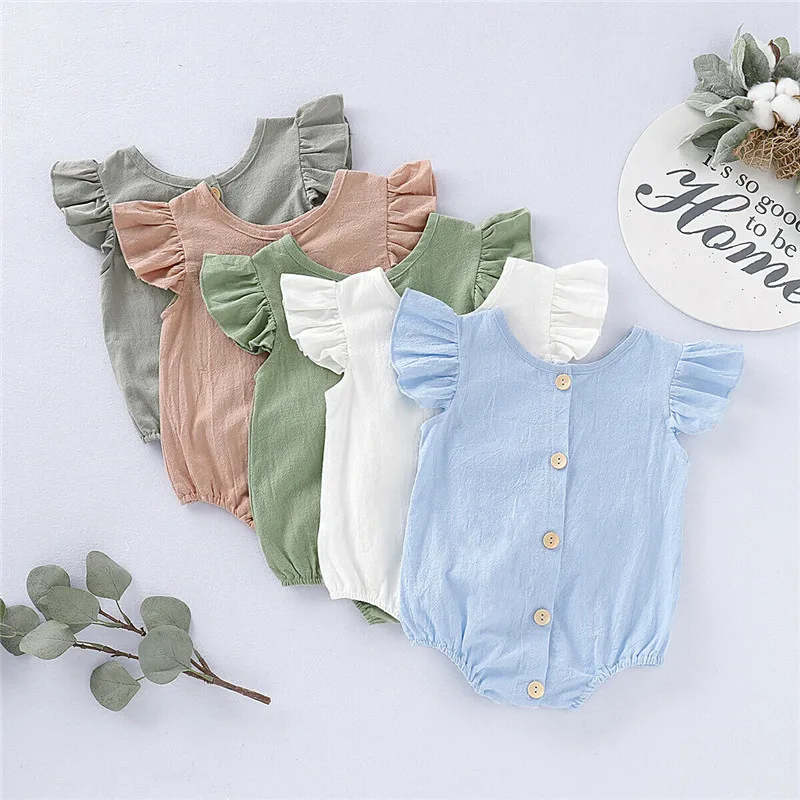 

Newborn Baby Boys Girls clothes Button solid round neck Ruffle lovely Bodysuit sleeveless kids Toddler cotton Tops one pieces