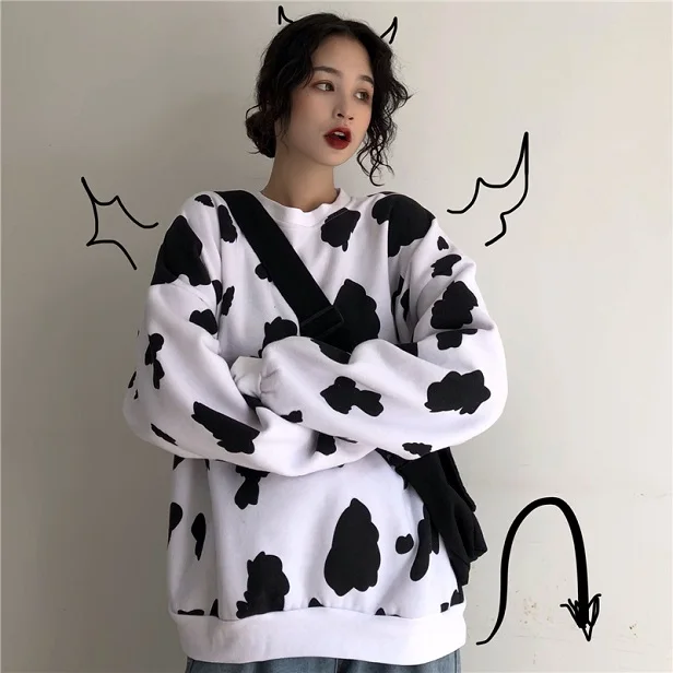 B Женский свитер с принтом «Dairy Cow» черного и белого цветов, джемпер, Женский Топ, повседневные свободные пуловеры - Цвет: B
