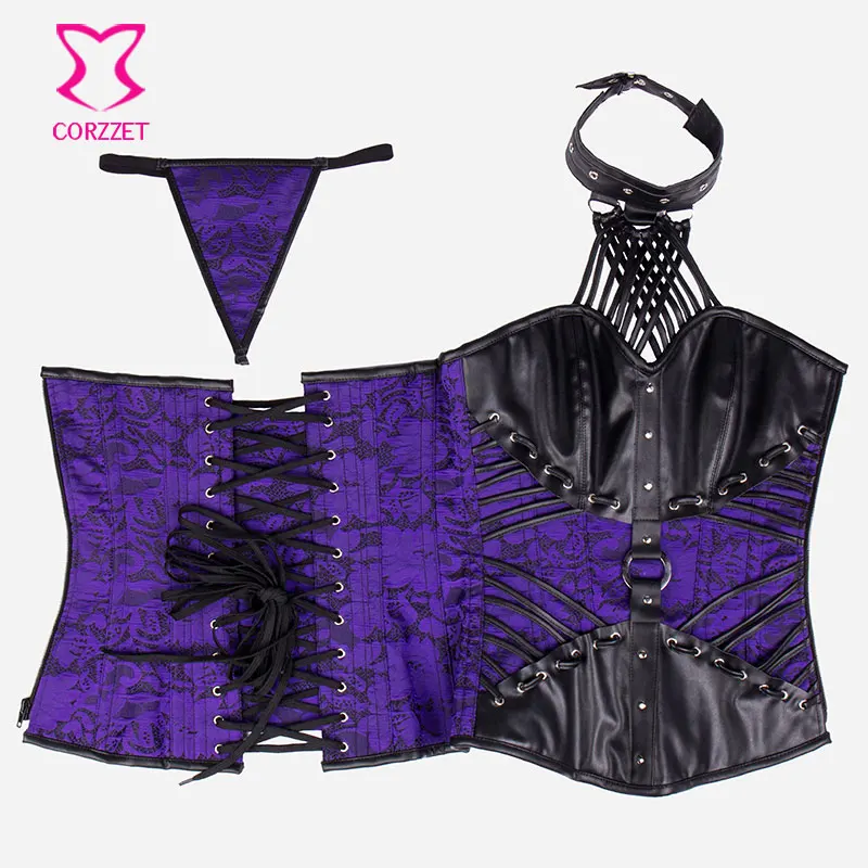 Vinctorian фиолетовая парча черный кожаный Холтер Топ корсет юбка готическая одежда