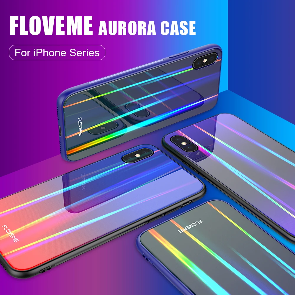 FLOVEME Aurora Tempered Glass Case For iPhone X 7 8 Luxury Glossy Silicone Edge Cover Plus XS MAX XR Capa |