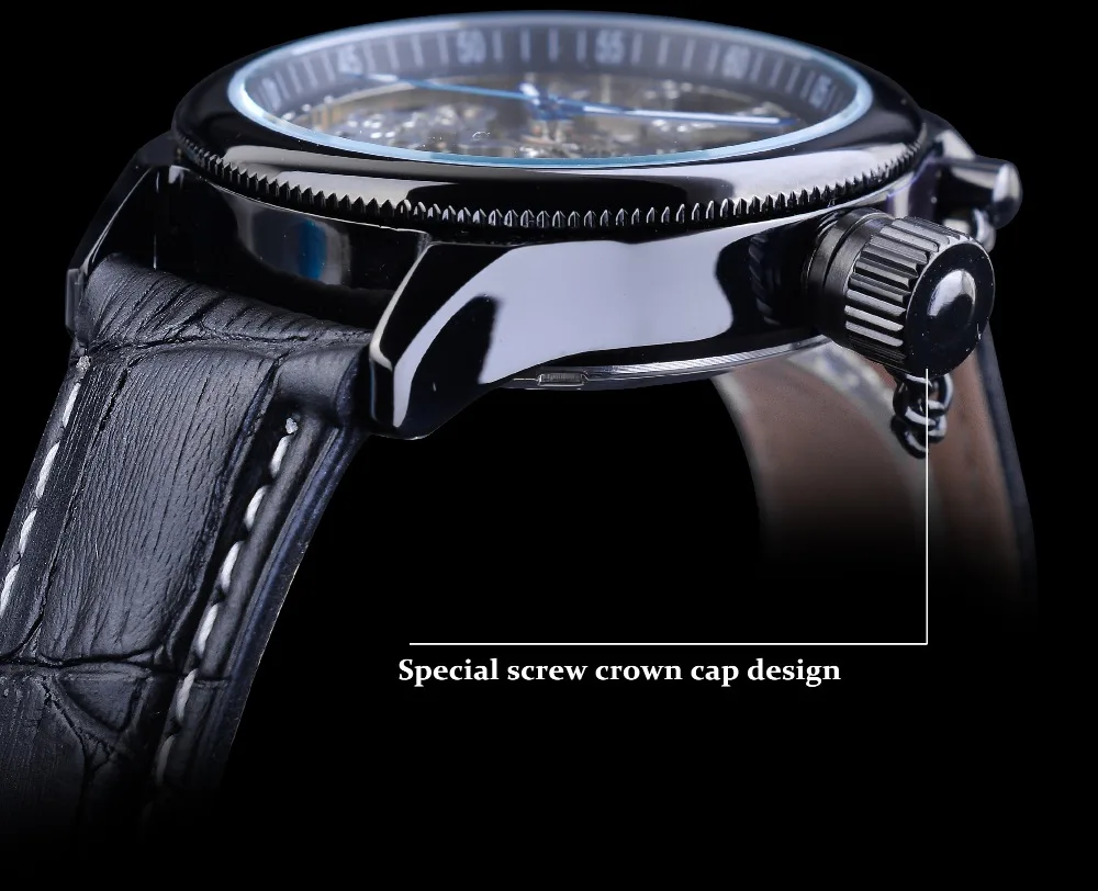 Forsining Skeleton Clock Blue Hands Gear Bezel Black Genuine Leather Screw Crown Cap Design Men Mechanical Watch Luminous Hands