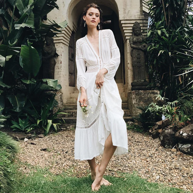 Женское вечернее платье в стиле бохо белое осеннее с глубоким v образным вырезом